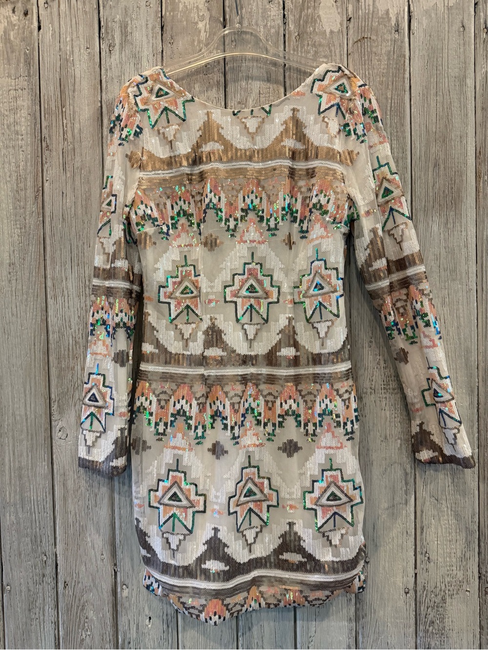 Xtaren Embellished Beaded Neutral Aztec-Pattern Dress